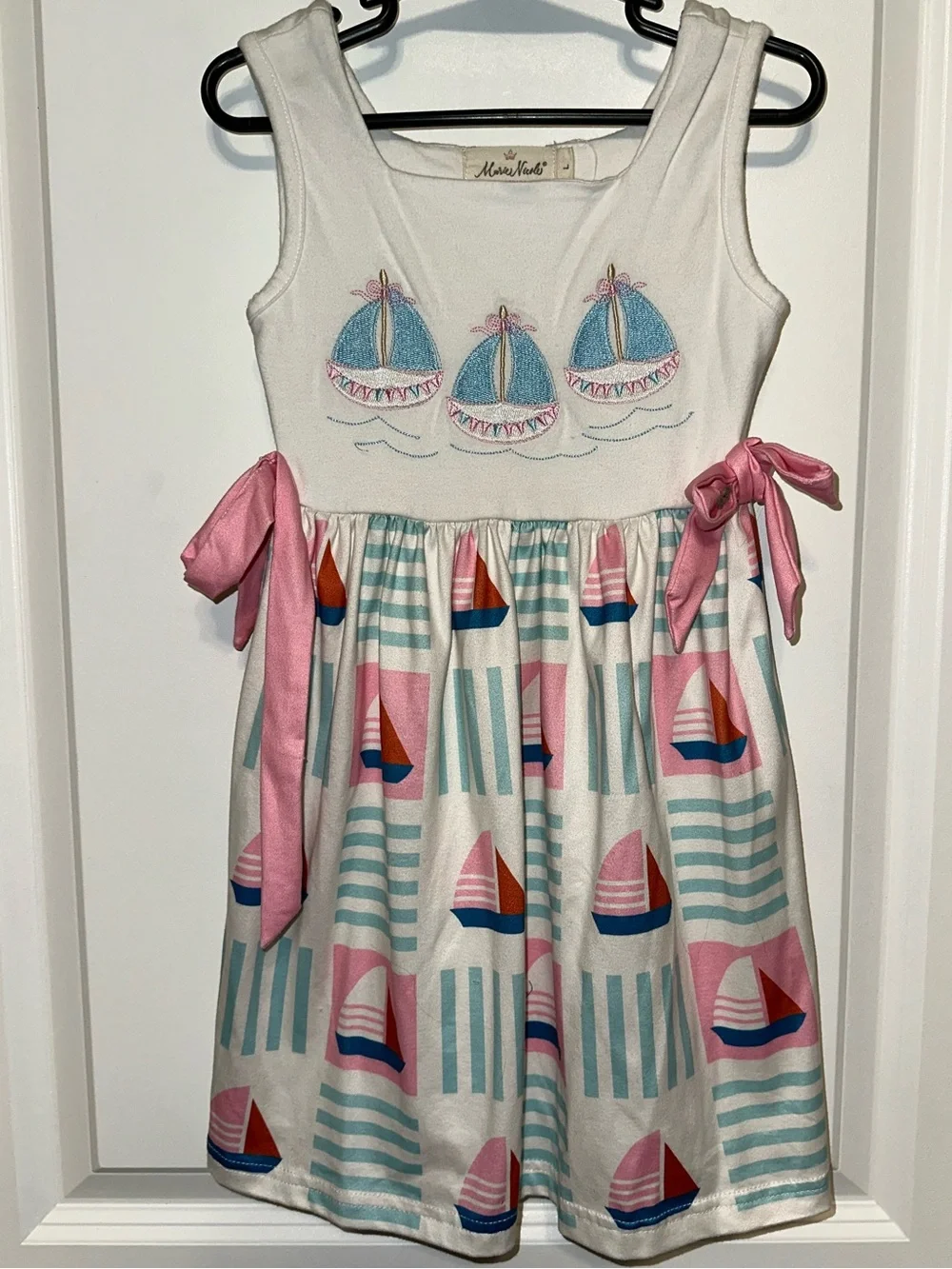 Mini Boden White Sailboat Print Tie-Waist Kids Dress - Pink & Aqua